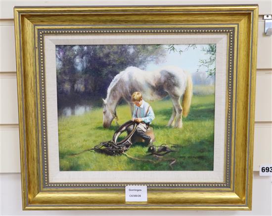 Tony Sheath, oil on canvas, Boy and horse beside a stream, signed, 23 x 29cm